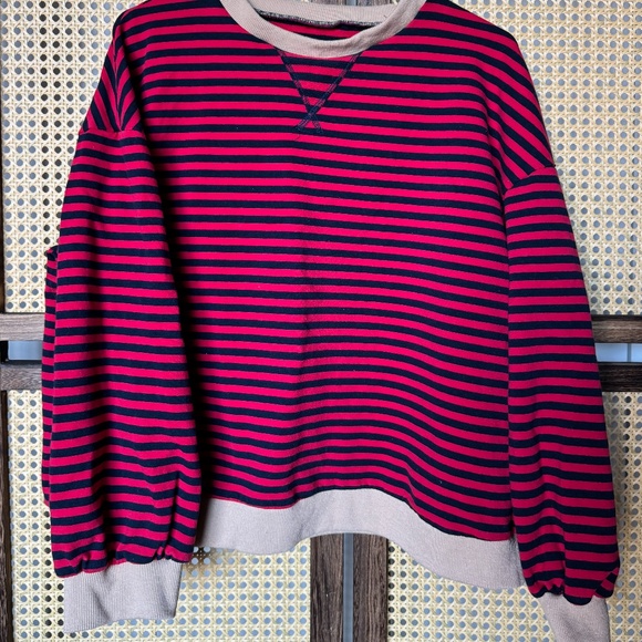 Red & Navy TERIVEEK Oversized Striped Long Sleeve Shirt (XL) - Picture 1 of 4